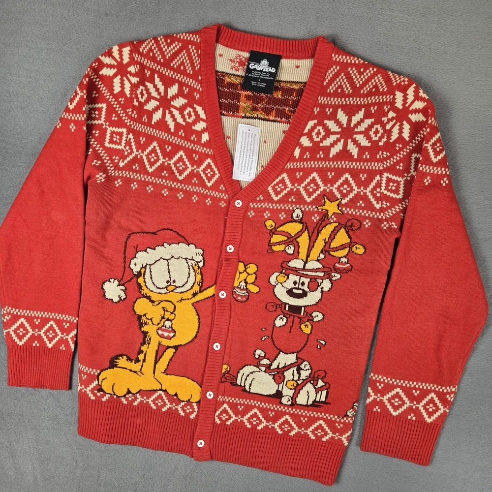 Garfield‎ and Odie Christmas Ugly Sweater Adults Small Button-Up Knit Cardigan